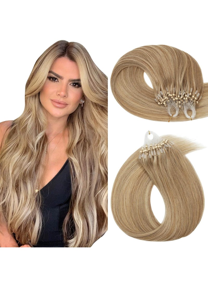 Hairro - Hairro Loop Ring Human Hair Extensions Micro Link Beads Hair Balayage Highlights Keratin I Tip Pre Bonded Weft Virgin Hair 22 inch 50g 100 Strands 12P613 Golden Brown mix Bleach Blonde - Image 1