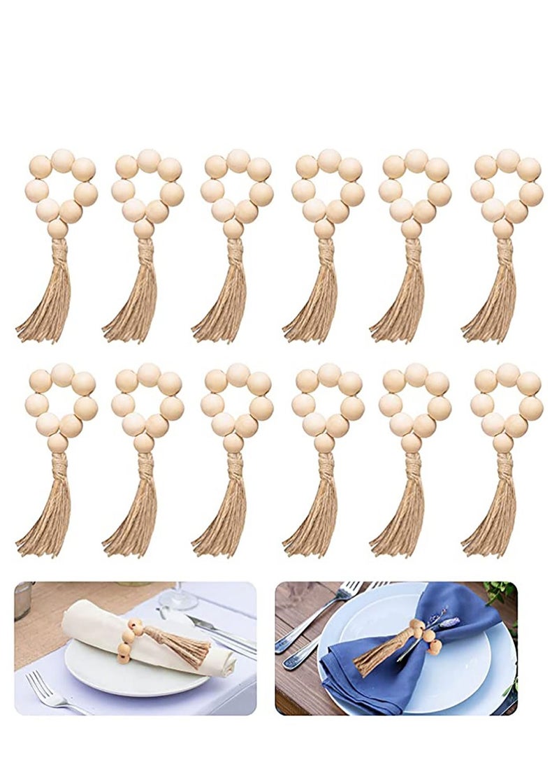 Napkin Rings Set of 12, Handmade Wood Bead Napkin Holder Ring with Rope Tassel Tabletop Decor for Dinning Table Setting, Party, Wedding, Family Gatherings - Image 1