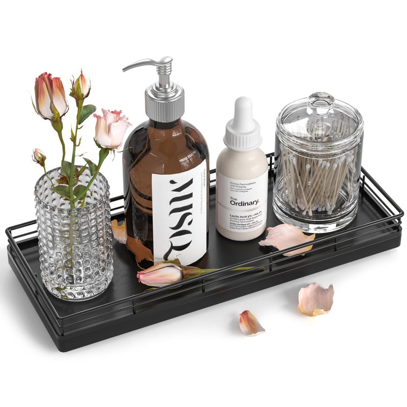Focusonit Bathroom Tray for Counter, Oak Wood 11" L Small Vanity Tray for Dresser Tops Perfume Jewelry Makeup Candle Soap Sponge Holder for Kitchen Countertop Organizer Coffee Table Decor Bar Black - Image 1