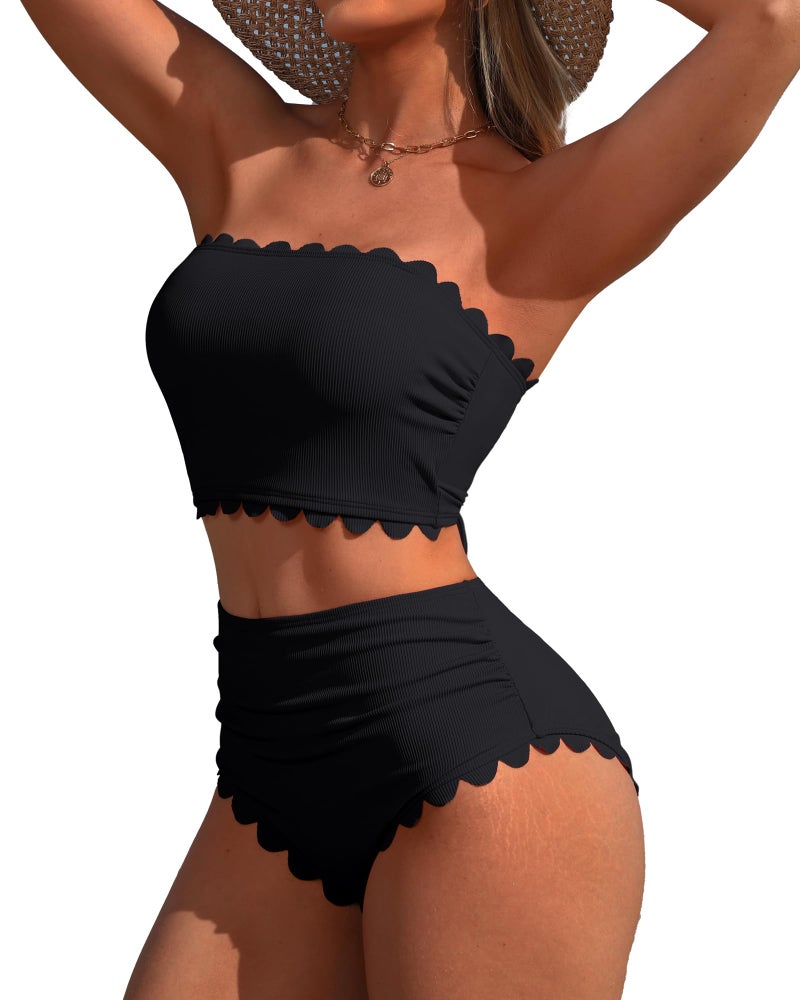 Charmo Strapless High Waisted Bikini Sets Women Tummy Control Scallop Bandeau Swimsuit Two Piece Bathing Suit Black M - Image 1