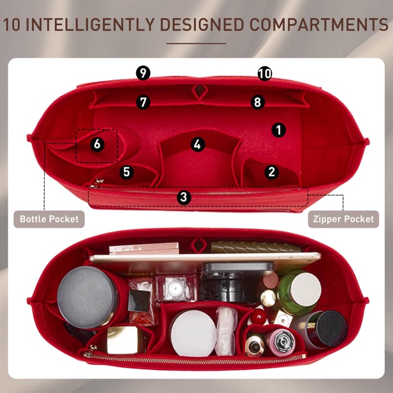 Doxo Purse Organizer Insert, Felt Bag Insert Tote Fit L Speedy 35, Neverfull PM & Base Shaper 2pc Set(Medium-Red-Combination) - Image 4