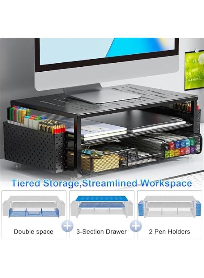 Arabest Desk Organizers and Accessories, Monitor Stand with Drawer and 2 Pen Holder, Desktop Organizer Suitable for Offices and Dormitories (Black) - Image 3