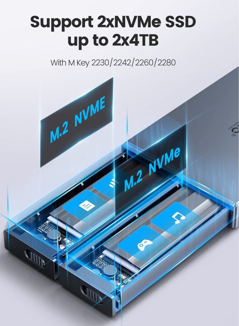 Dual Bay NVMe M2 SSD Enclosure High Speed USB3.2 Gen2 10Gbps Docking Station for PCIe M Key B M Key 2230 2242 2260 2280 SSDs Tool Free Installation Supports up to 4TB - Image 2