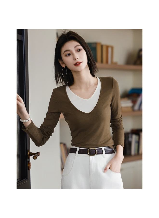 dme Demana Colorblock Faux Two-piece Spring Style Double-layer V-neck Slimming Elegant Women's T-shirt - Image 2