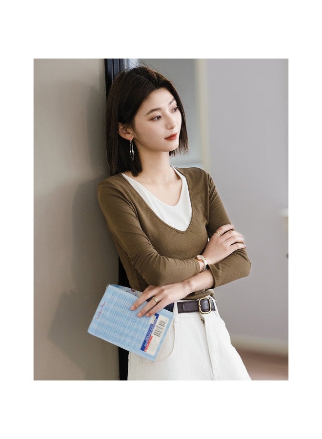 dme Demana Colorblock Faux Two-piece Spring Style Double-layer V-neck Slimming Elegant Women's T-shirt - Image 4