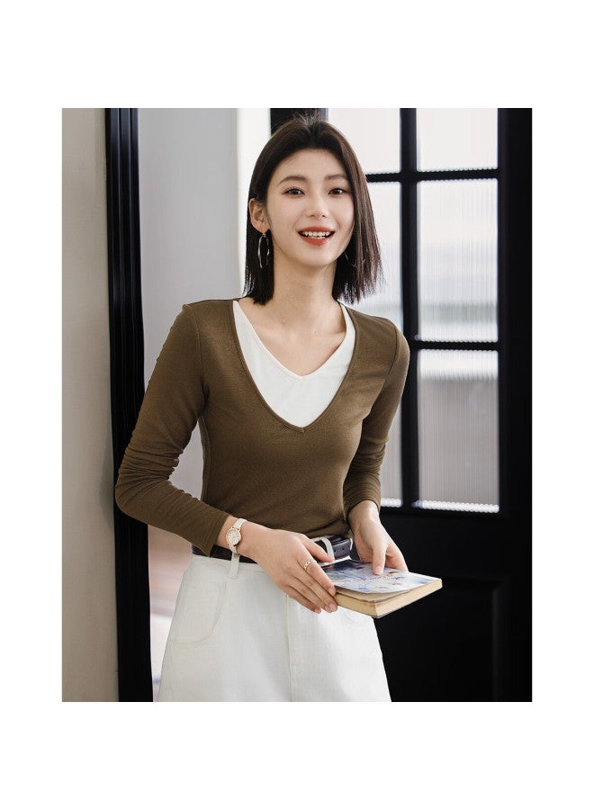 dme Demana Colorblock Faux Two-piece Spring Style Double-layer V-neck Slimming Elegant Women's T-shirt - Image 3