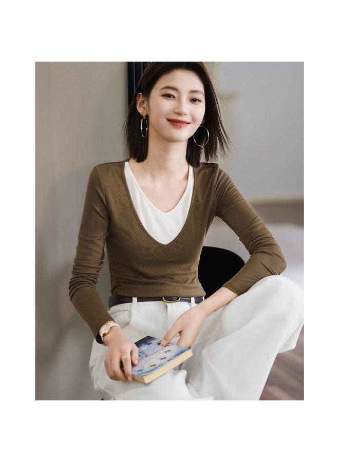 dme Demana Colorblock Faux Two-piece Spring Style Double-layer V-neck Slimming Elegant Women's T-shirt - Image 1
