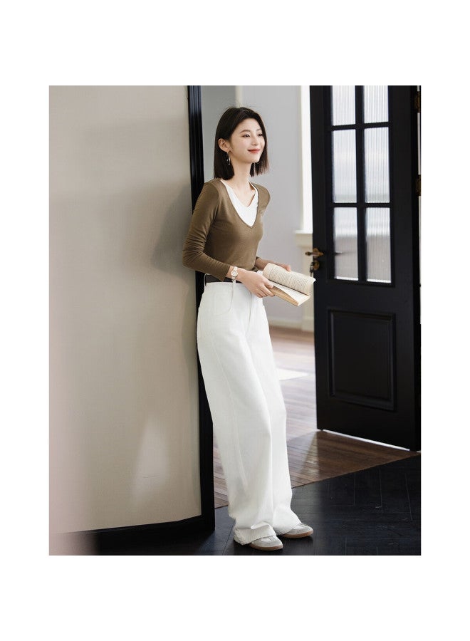 dme Demana Colorblock Faux Two-piece Spring Style Double-layer V-neck Slimming Elegant Women's T-shirt - Image 5