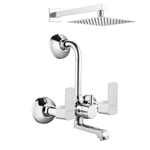 Specule Cube Pure Brass 2 in 1 Mixer with 190mm Bend Pipe, 6x6 Overhead Shower Set, Brass Wall Flange | Mixer tap for Bathroom | Bathroom Mixture Set | Wall Mixture (Mirror Chrome) - Image 1
