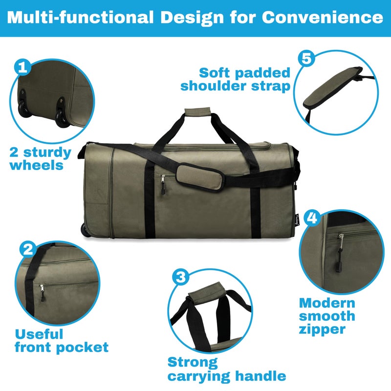 Finnhomy 100L Foldable Rolling Duffel Bag with 2 Wheels, Light Weight Travel Duffel bag with Large Loading Capacity, 32 inch Rolling Duffel bag with Shoulder Strap for Travel Camping Sports, Green - Image 4