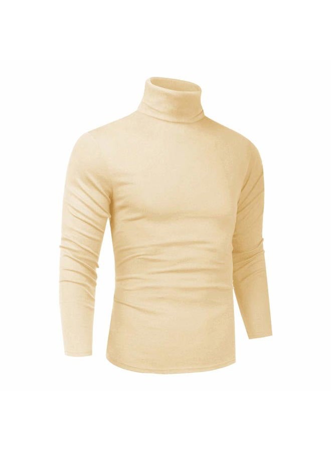 LONGBIDA Men Slim Fit Lightweight Long Sleeve Pullover Top Turtleneck T-Shirt(Beige,L), Beige, L - Image 1