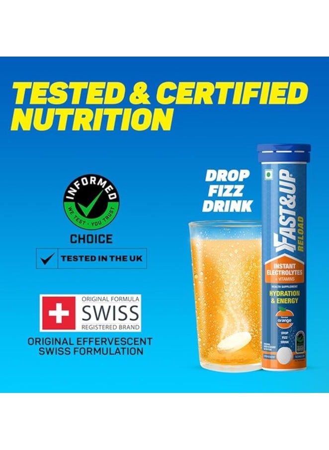 FAST&UP - Fast&Up Reload (20 Litres) Low Sugar energy drink for Instant Hydration - 80 Effervescent Tablets with all 5 Essential Electrolytes + Added Vitamins - Certified Electrolytes Drink - Orange flavour - Image 1