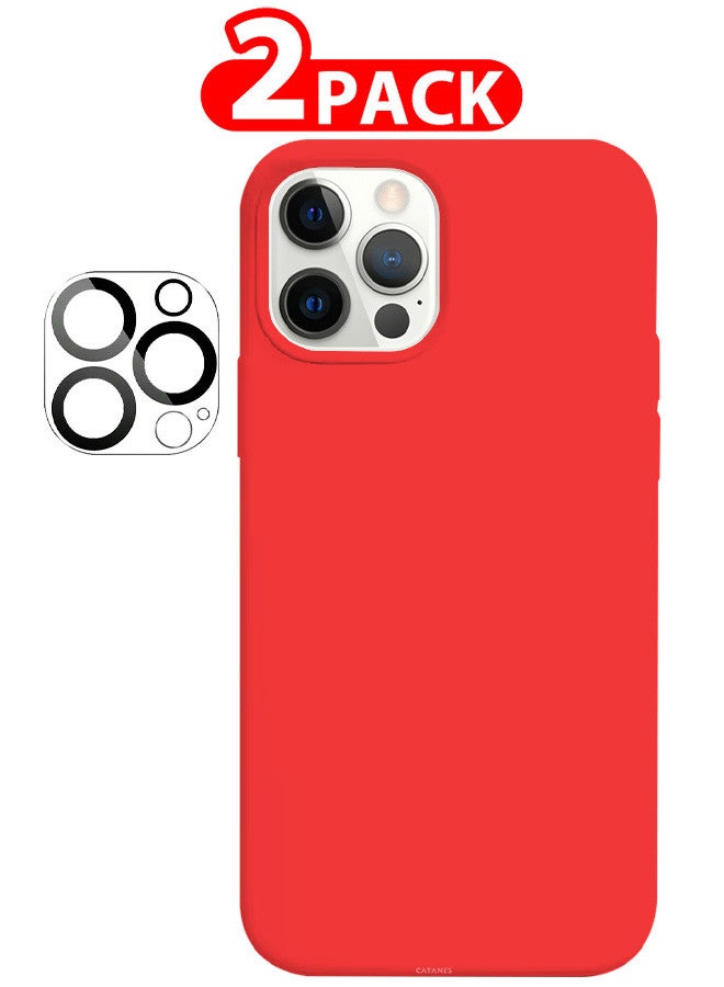 CATANES [for iPhone 12 Pro] 2 Pack Silicone Case and Camera Lens Protector Shockproof Protective Case Anti Scratch Smooth Case Cover/Red - Image 1