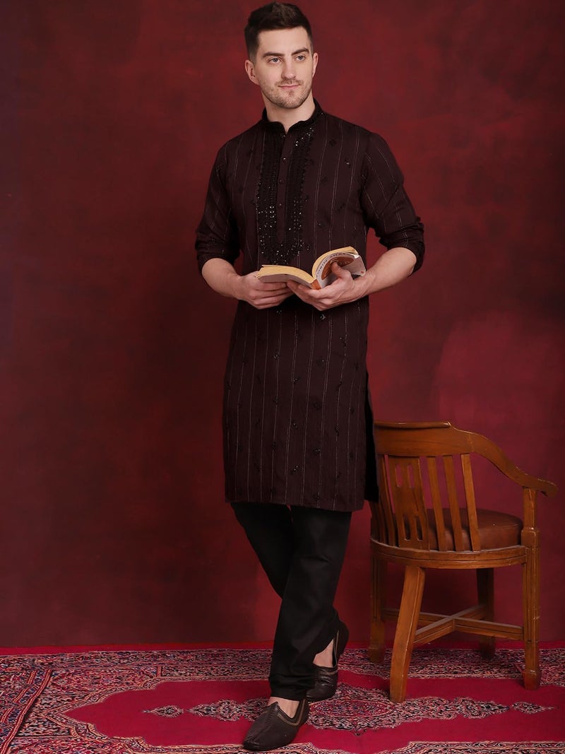 Jompers Sequins Embroidered Kurta Pyjama Set for Men. (Maroon, M) - Image 4