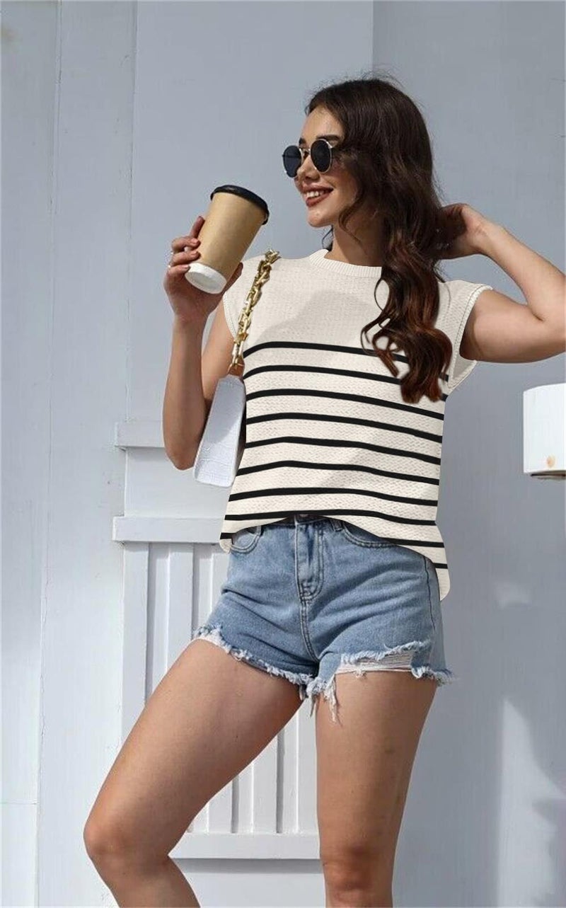 Disamer Cap Sleeve Knit Sweater Tops Sleeveless Vest 2026 Spring Clothes Oversized Summer Tank Trendy Short Sleeve T Shirts,Stripe Apricot,Medium - Image 2