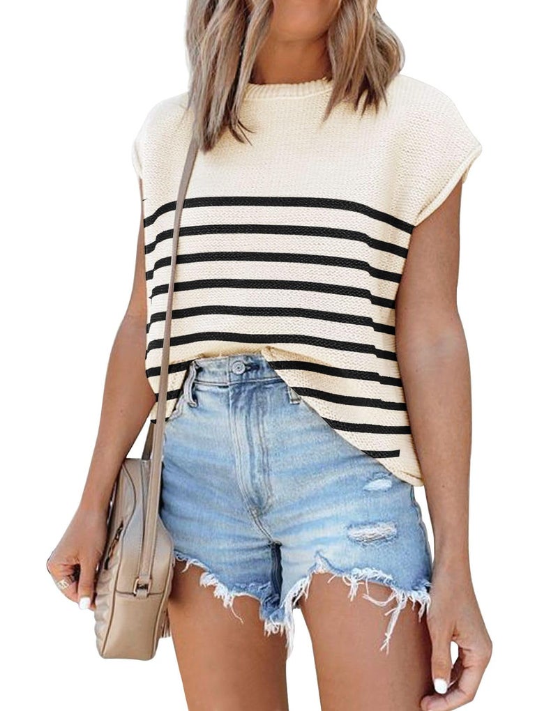 Disamer Cap Sleeve Knit Sweater Tops Sleeveless Vest 2026 Spring Clothes Oversized Summer Tank Trendy Short Sleeve T Shirts,Stripe Apricot,Medium - Image 1