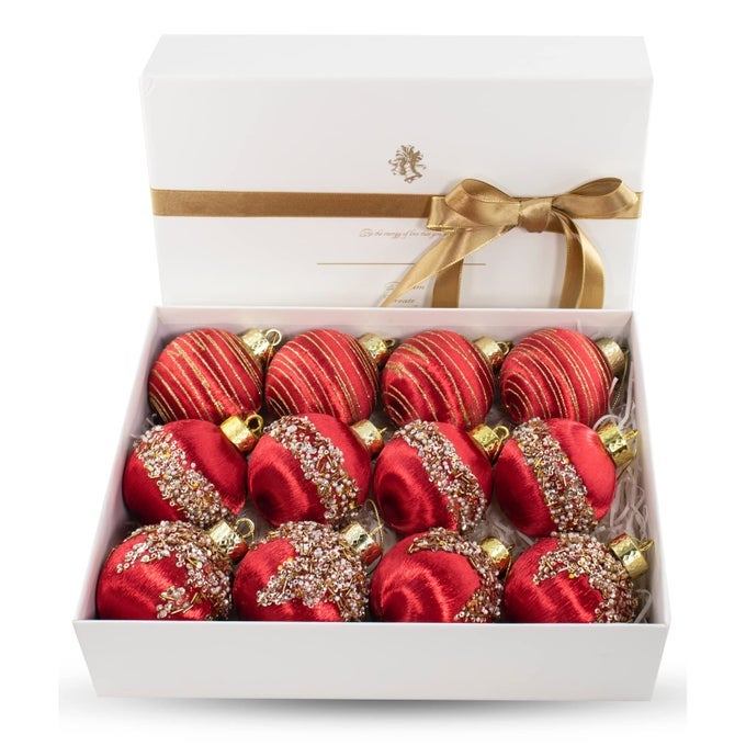 12 PCS SATIN CHRISTMAS BALL ORNAMENTS SILK TREE HANGING DECOR FOR XMAS WREATH GARLAND HOLIDAY WEDDING PARTY RED