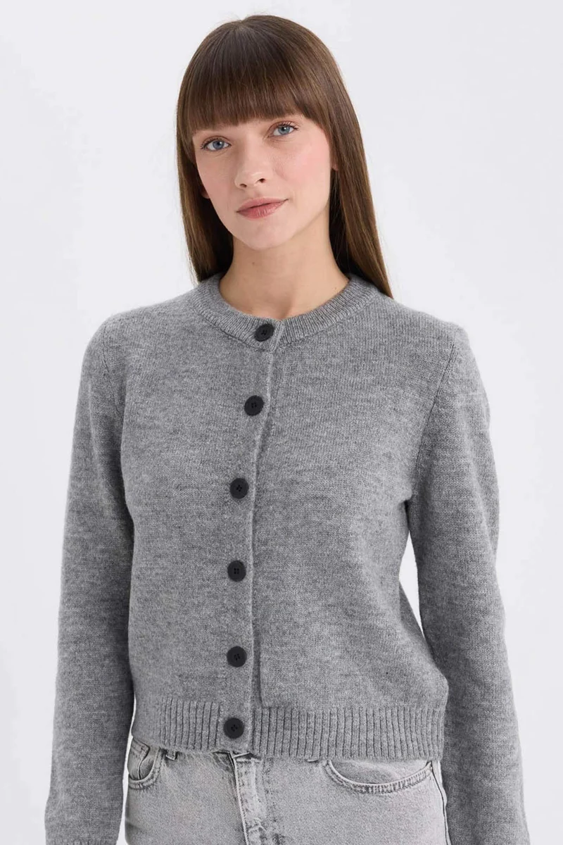 ديفاكتو Regular Fit Crew Neck Basic Knitwear Cardigan