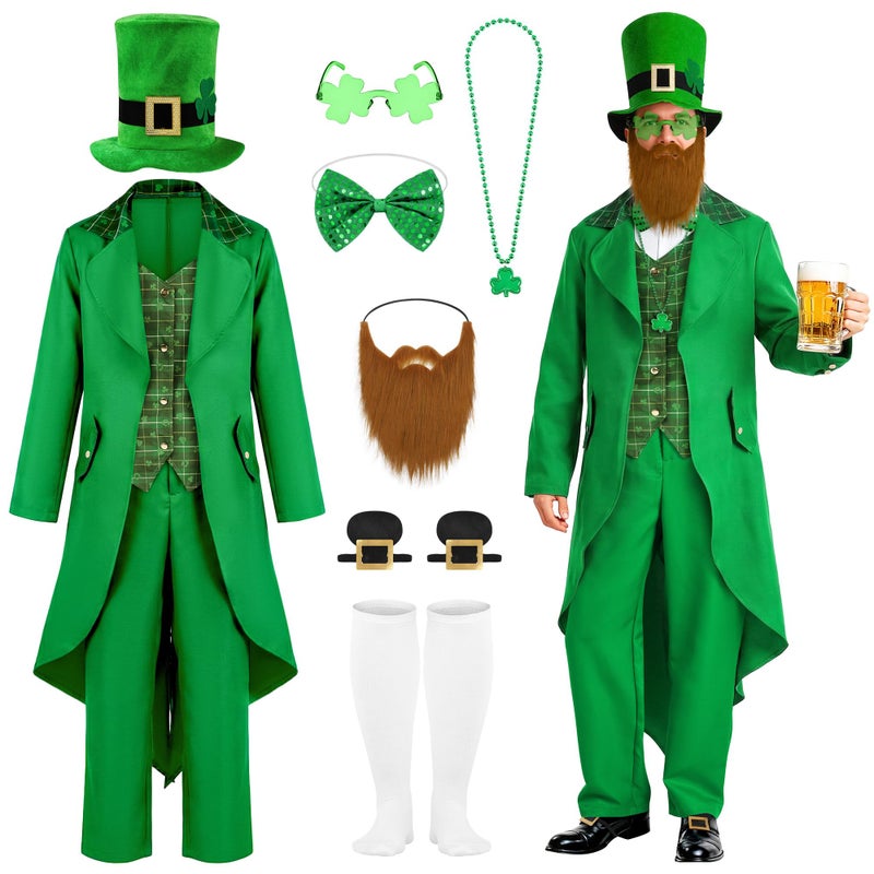 SOMSOC 9 Pieces Men St Patrick's Day Costumes Set Adult Irish Suit Outfit with Clover Hat Glasses for St Patrick's Day Party - Image 1