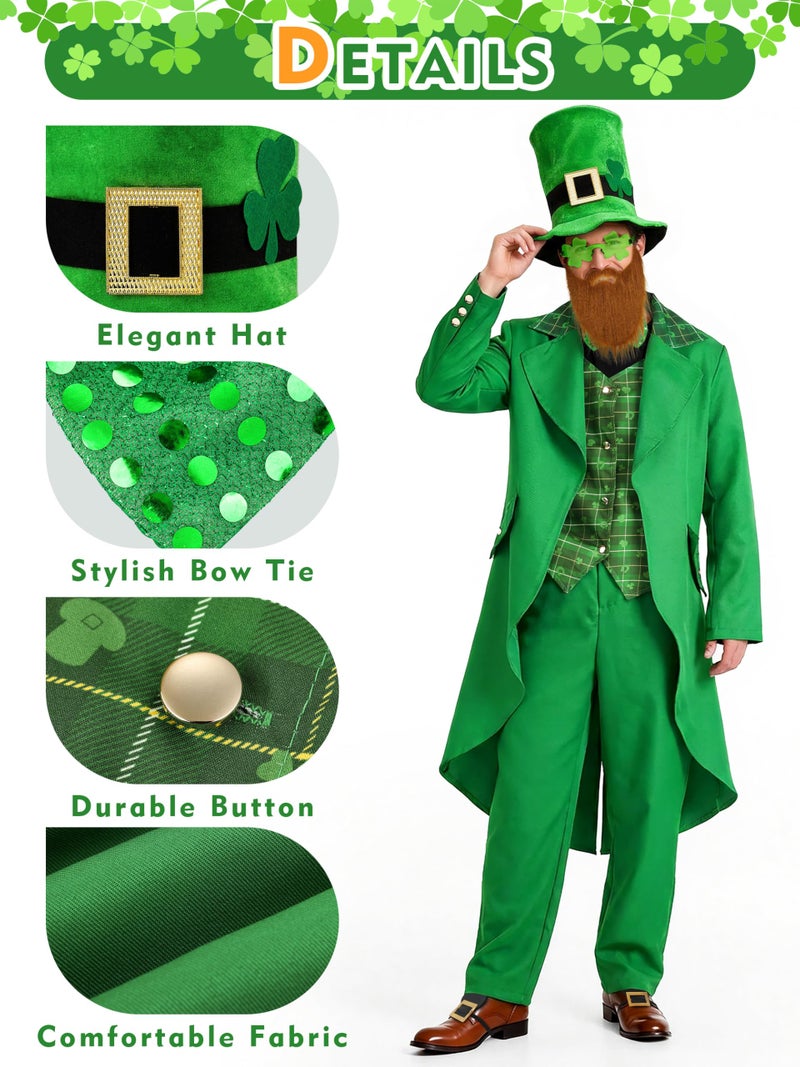 SOMSOC 9 Pieces Men St Patrick's Day Costumes Set Adult Irish Suit Outfit with Clover Hat Glasses for St Patrick's Day Party - Image 3
