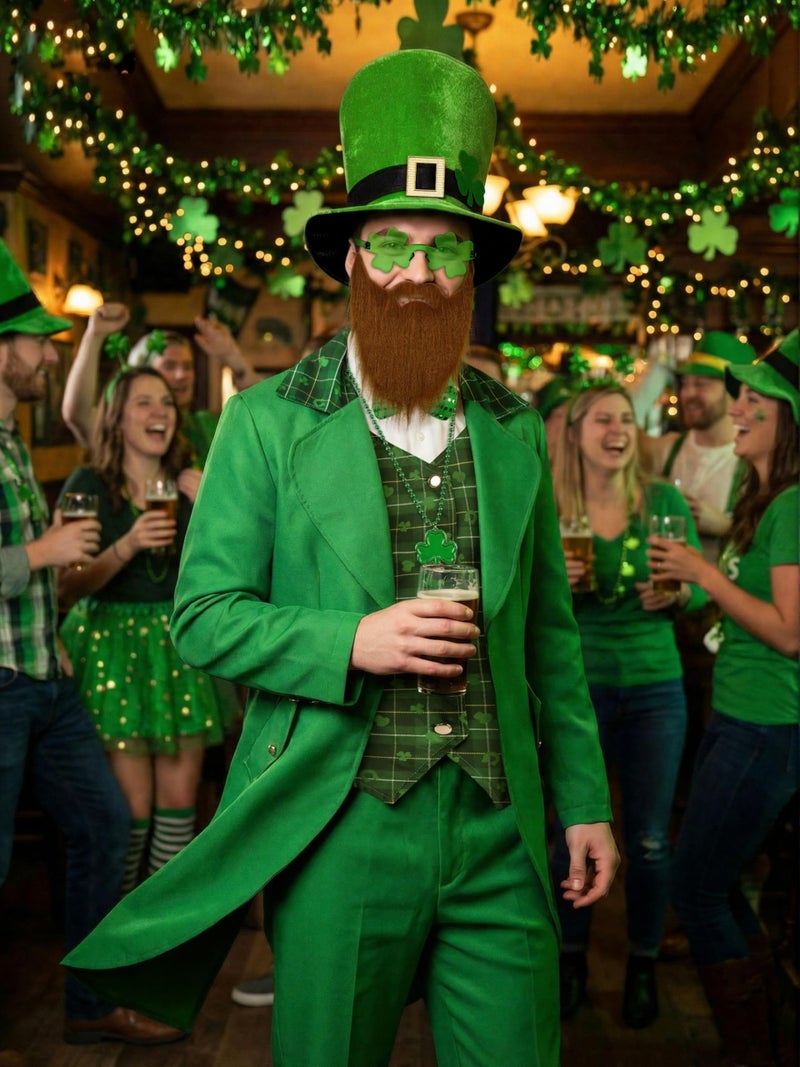 SOMSOC 9 Pieces Men St Patrick's Day Costumes Set Adult Irish Suit Outfit with Clover Hat Glasses for St Patrick's Day Party - Image 4