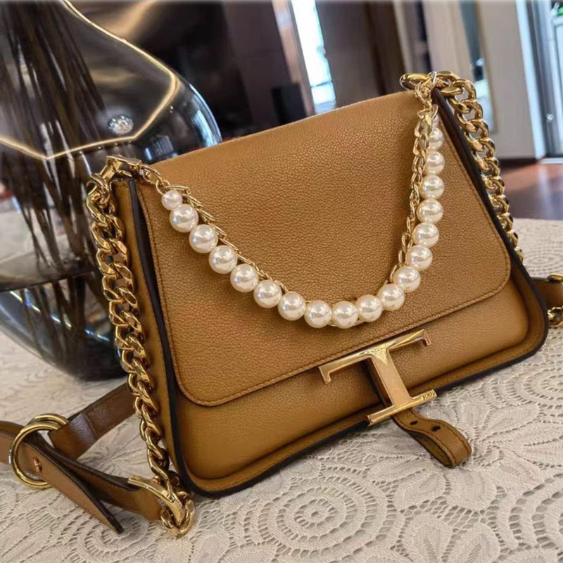Tia Premium Purse Shoulder Bag Chain Strap Handle Handbag Purse Chain Replacement Purse Clutch Making Decoration DIY Golden Premium Flat Chain with Pearl Chain16in1 Pc - Image 4