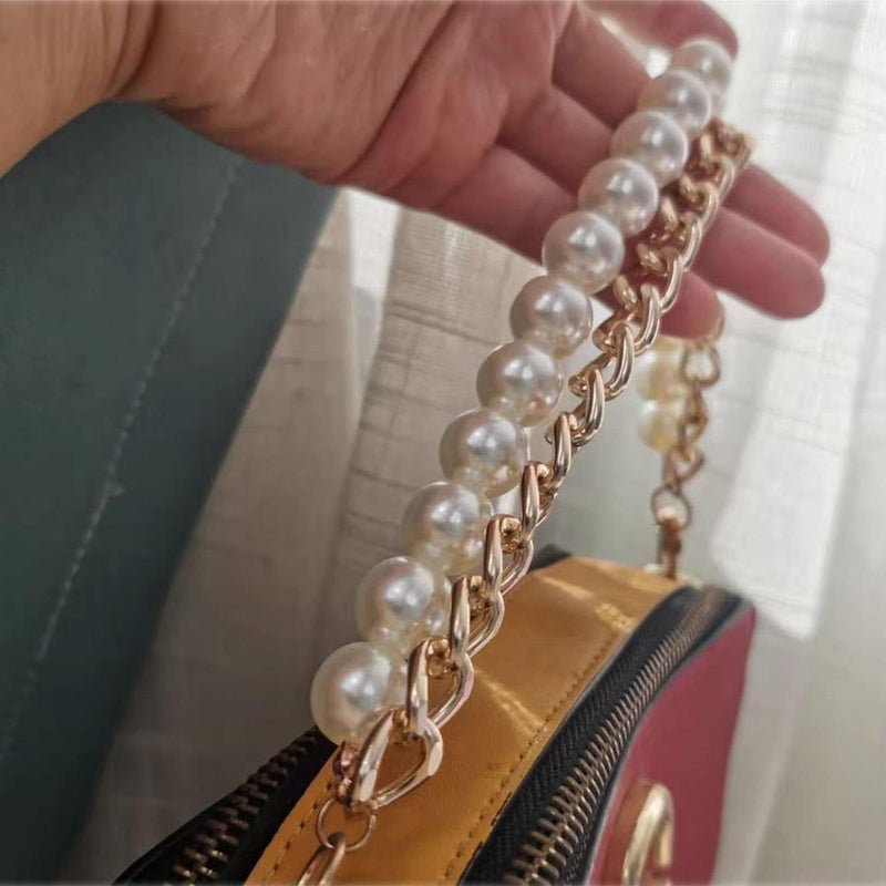 Tia Premium Purse Shoulder Bag Chain Strap Handle Handbag Purse Chain Replacement Purse Clutch Making Decoration DIY Golden Premium Flat Chain with Pearl Chain16in1 Pc - Image 3
