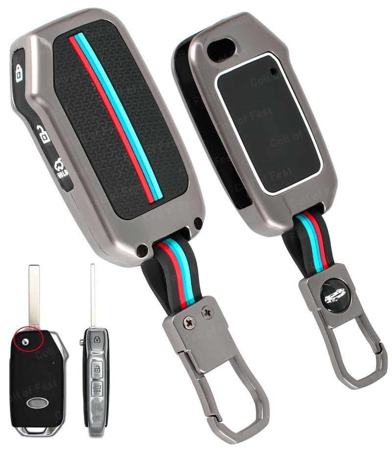 Coll of Fest Metal Silicon Key Cover Compatible for Kia Seltos 2023 2024 HTE 3 Button Flip Key Cover Full Metal Protections Special Feature Visible in Low-Light Conditions - Image 1