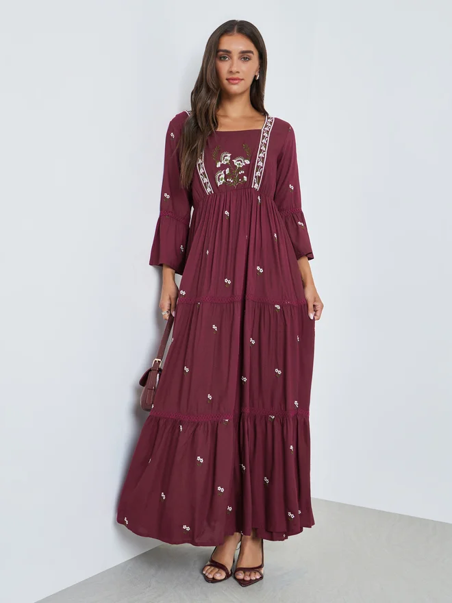 ستايلي Styli Magenta Embroidered Tiered Maxi Dress