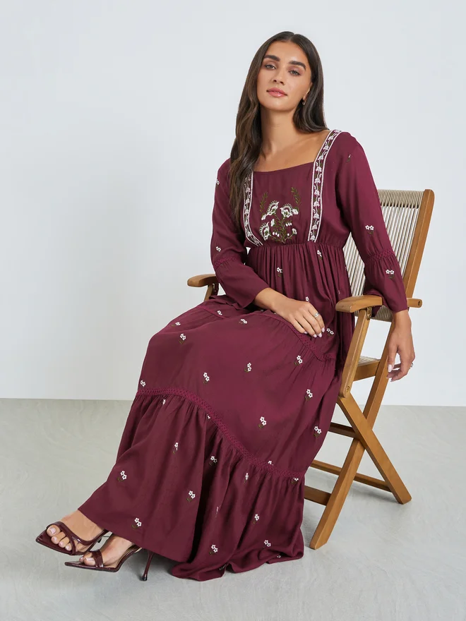 Styli Magenta Embroidered Tiered Maxi Dress