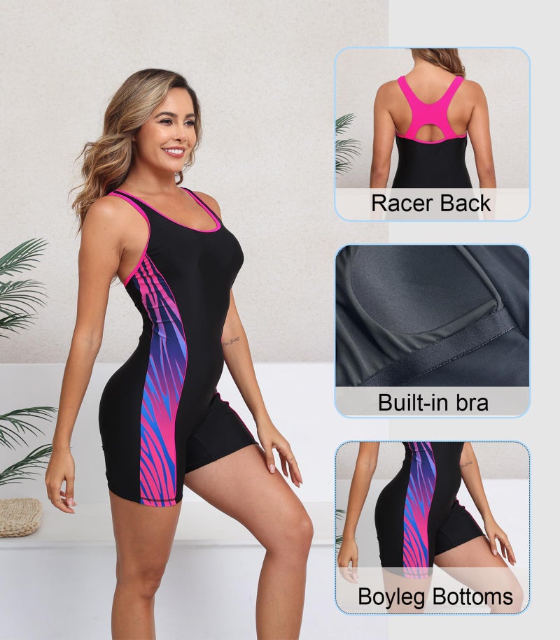 Halcurt Women's Athletic One Piece Swimsuit with Boyshort Racerback Sport Boyleg Bathing Suit Colorful Stripes 2XL - Image 5
