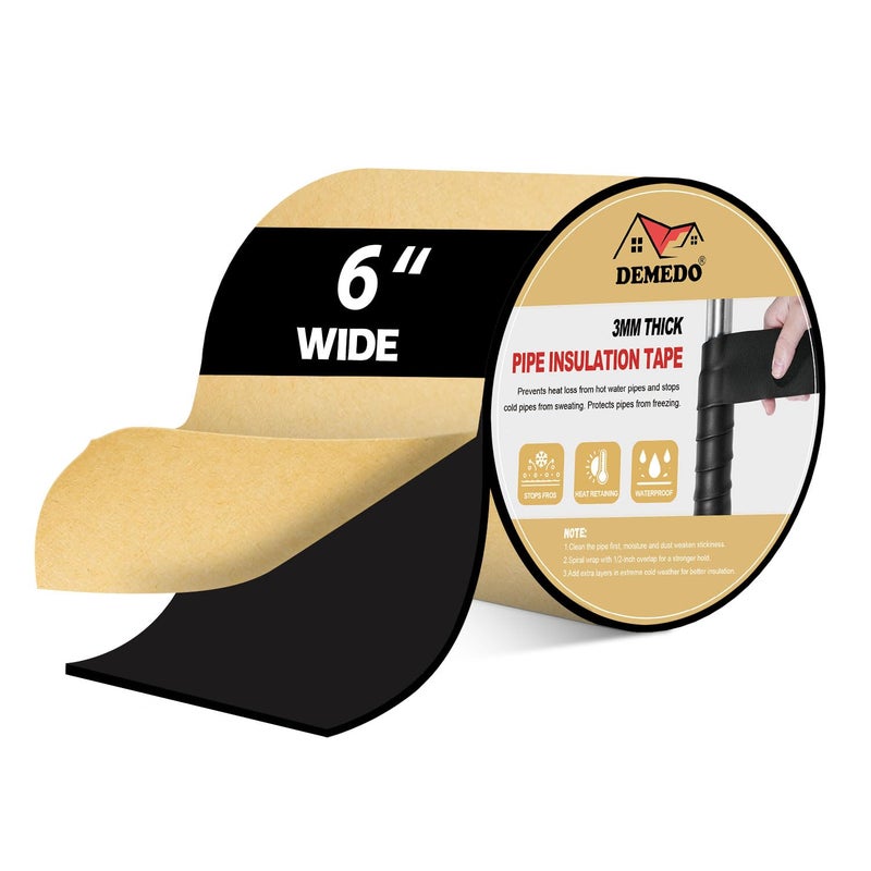 DEMEDO Pipe Insulation Tape, Pipe Wrap Insulation Foam Tape Self Adhesive, Outdoor Water Pipe Insulation Roll for HVAC, AC Line Insulation, 6 inch x 16.5 FT Heat Tape for Water Pipe, Black - Image 1