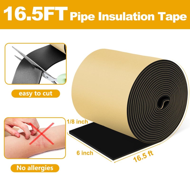 DEMEDO Pipe Insulation Tape, Pipe Wrap Insulation Foam Tape Self Adhesive, Outdoor Water Pipe Insulation Roll for HVAC, AC Line Insulation, 6 inch x 16.5 FT Heat Tape for Water Pipe, Black - Image 5