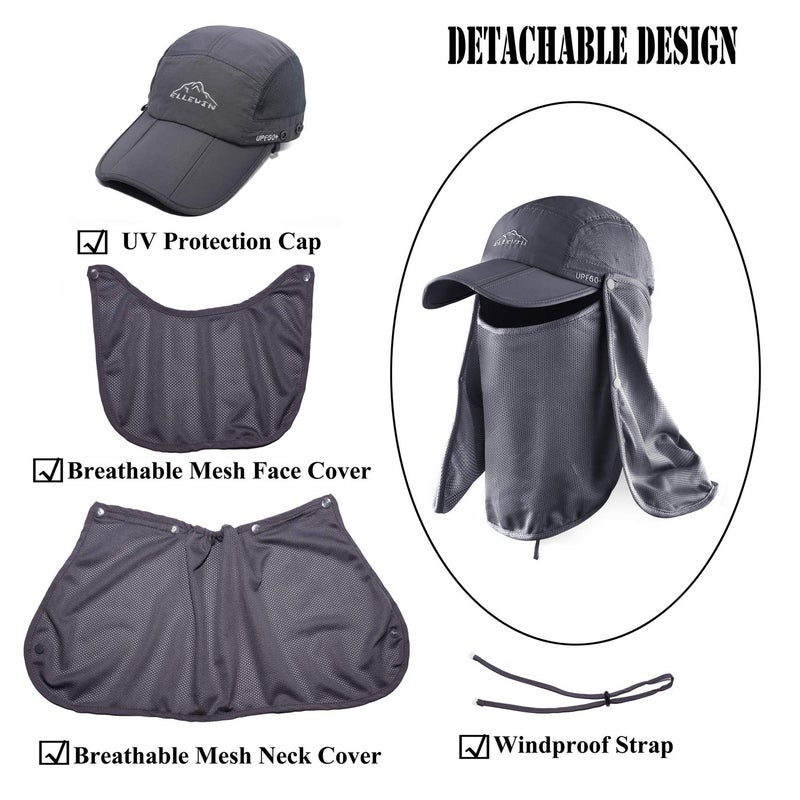 ELLEWIN Outdoor Fishing Flap Hat UPF50 Sun Cap Removable Mesh Face Neck Cover, D-grey/ Mesh Neck Cover, M-L-XL - Image 3