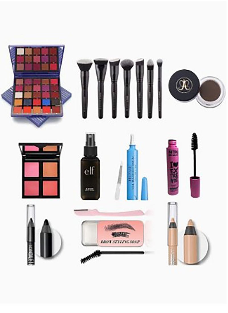 Norvina A makeup kit consisting of (25 color eye shadow - face brushes - dark brown gel - 4 color blush - makeup fixer - nail strengthening serum - mascara - brown and black eyeliner - eyebrow soap and eyelin  - Image 1