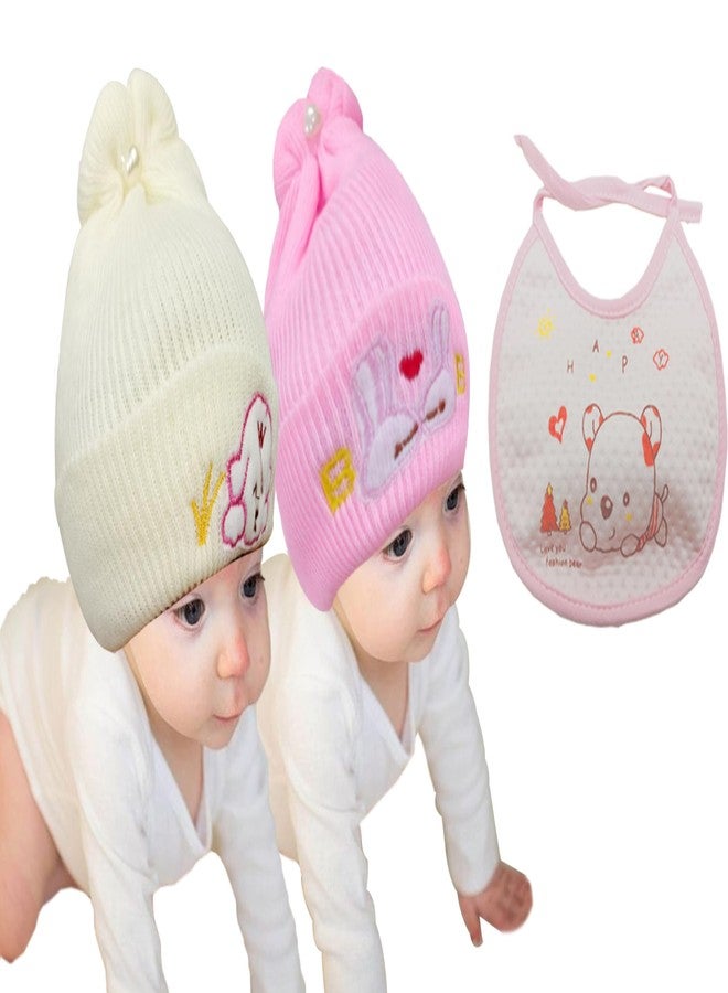 COOL INDIANS Combo of Baby Winter Cap & Baby Bibs | New Born Baby Kid's Cap | Cotton Baby Bibs/Baby Apron with Titch Button I Woolen Cap for Kid's Boy's & Girl's (0-3 Months, Beige L.Pink) - Image 1