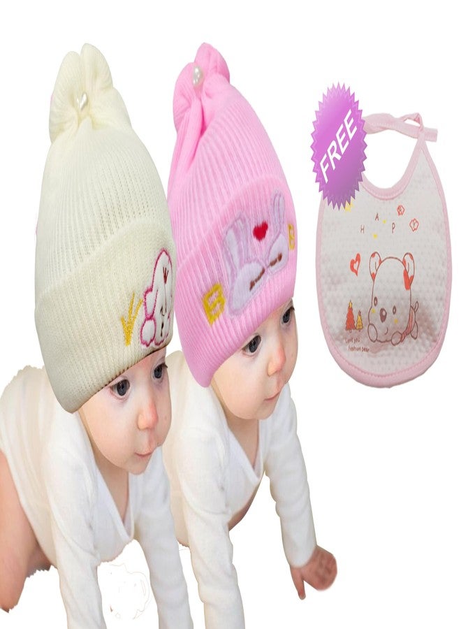 COOL INDIANS Combo of Baby Winter Cap & Baby Bibs | New Born Baby Kid's Cap | Cotton Baby Bibs/Baby Apron with Titch Button I Woolen Cap for Kid's Boy's & Girl's (0-3 Months, Beige L.Pink) - Image 2
