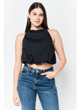 ESPRIT Women Ruffle Neck Sleeveless Solid Tank Top, Black  - Image 1