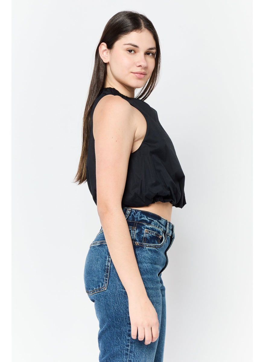 ESPRIT Women Ruffle Neck Sleeveless Solid Tank Top, Black  - Image 4