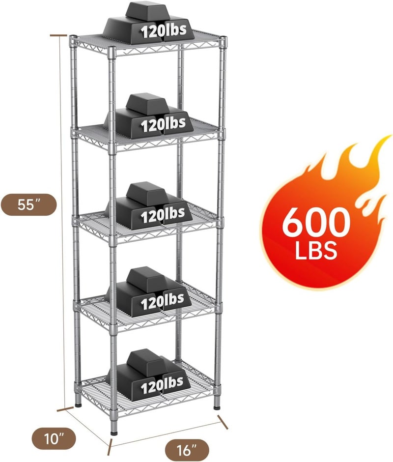 Golpart Small 5 tire Shelves Storage Wire Shelving Unit Metal Shelf Adjustable Organizers Storage Shelving for Bathroom Laundry Room Kitchen Pantry10”D x 16”W x 55”H Silver - Image 2