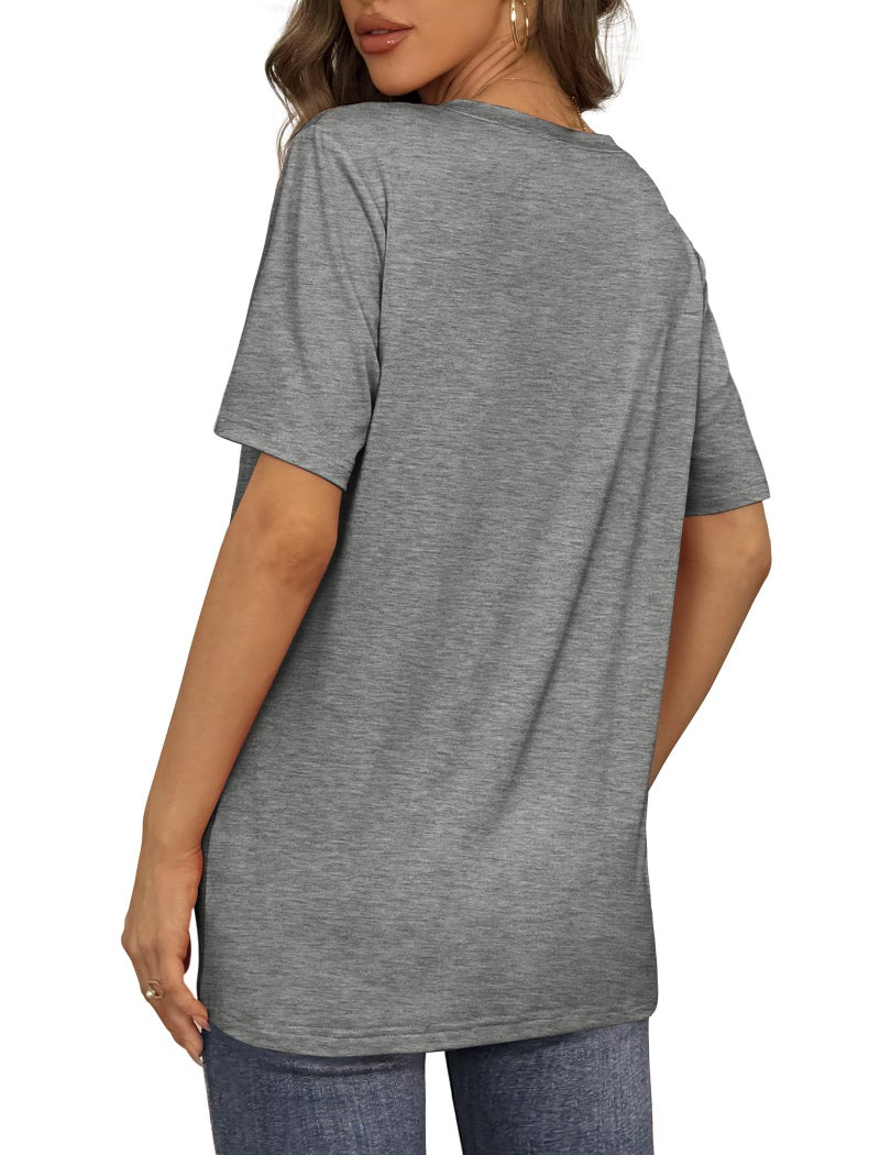 Aokosor Vneck Tshirt Women Loose Fit Short Sleeve Casual Loose Fitting Tops V Neck Shirts Grey L - Image 5