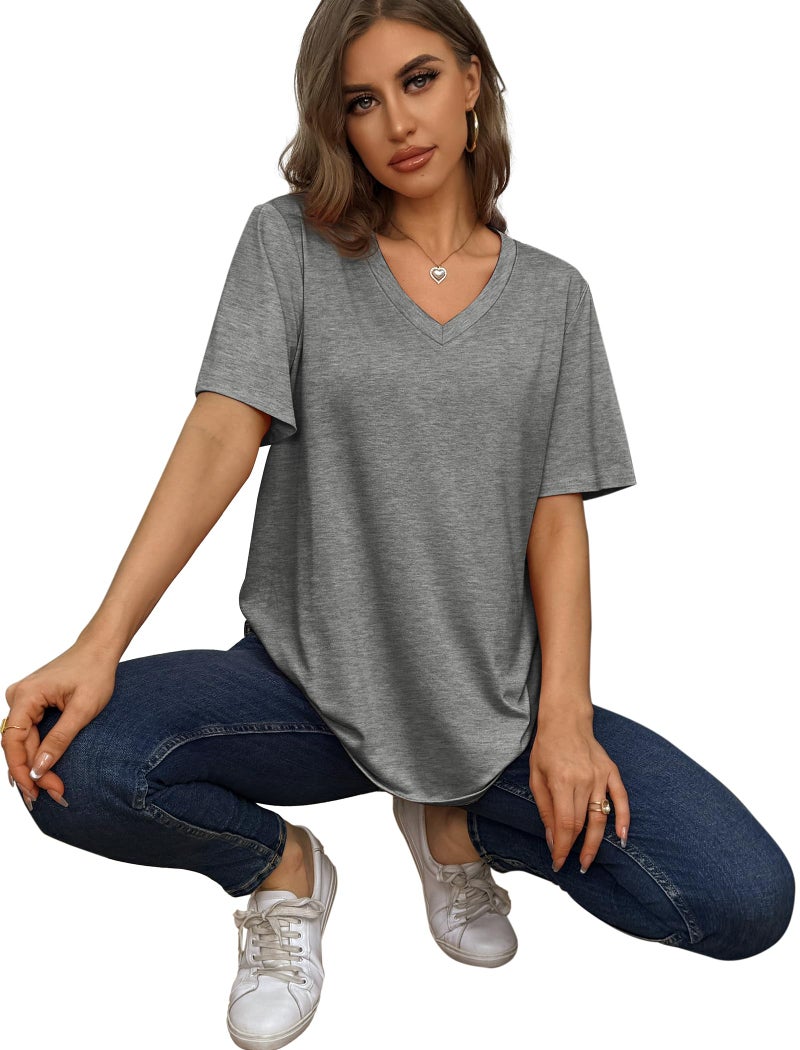 Aokosor Vneck Tshirt Women Loose Fit Short Sleeve Casual Loose Fitting Tops V Neck Shirts Grey L - Image 4