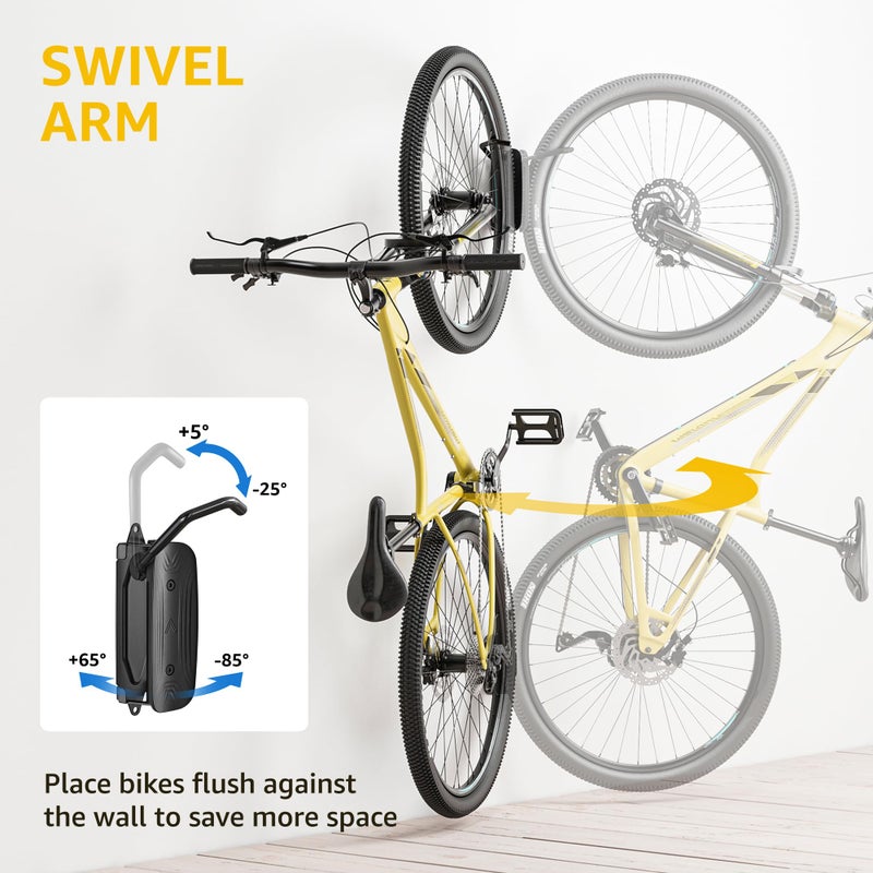 monTEK Swivel Bike Wall Mount, Bike Hangers for Garage, Space-Saving Vertical Bike Rack, Sturdy Bike Storage Rack Holds Up to 66lbs, Easy to Install, 2 Pack - Image 3