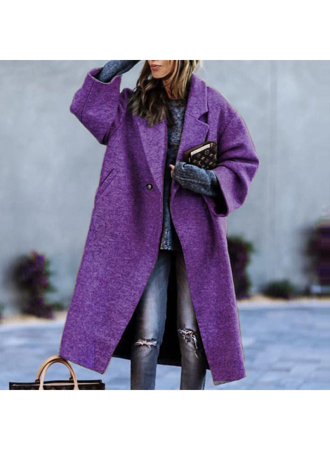 European And American Style Autumn And Winter Long Woolen Coat, Elegant Commuter Style, No Belt, Turn-down Collar, Loose Fit, Green Women's Fashion Coat