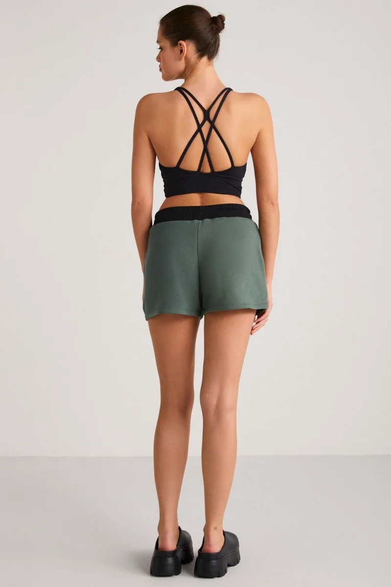 جريميلانج Doleres Women's Elastic Waist Laced Organic Cotton Relaxed Black - Green Shorts & Bermuda