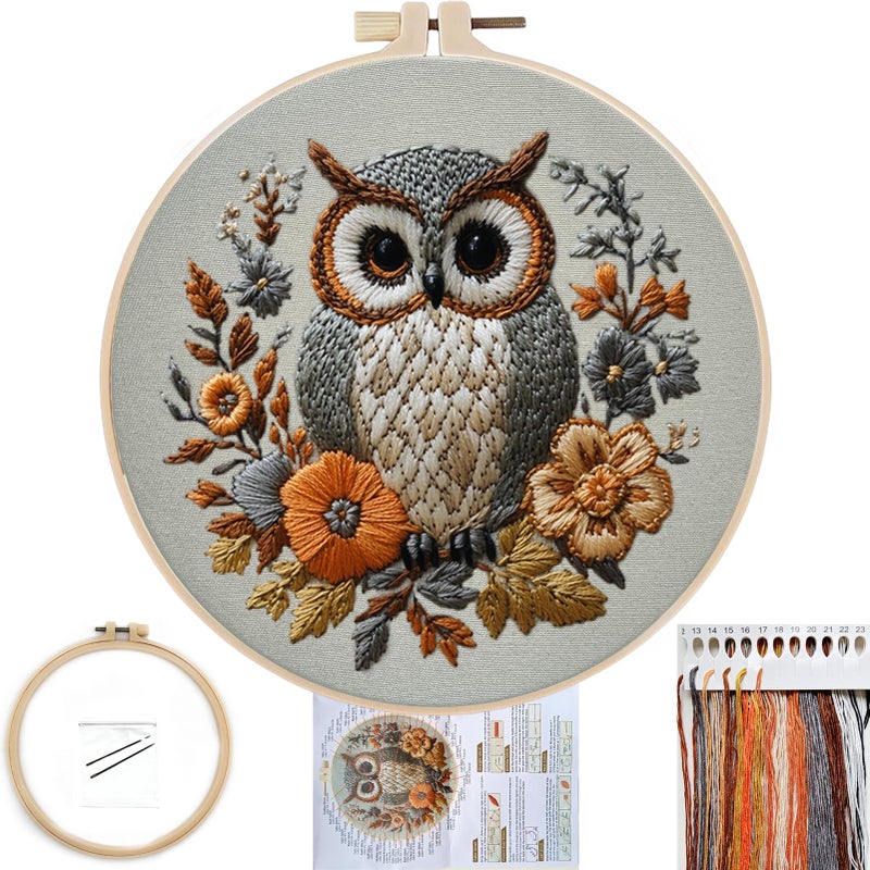 FONNUY Embroidery Kit for Beginners Owl Flowers PreStamped Pattern Kits for Adults with Hoop Easy to Follow Color Thread Needlework 8 Hoop Blue - Image 3