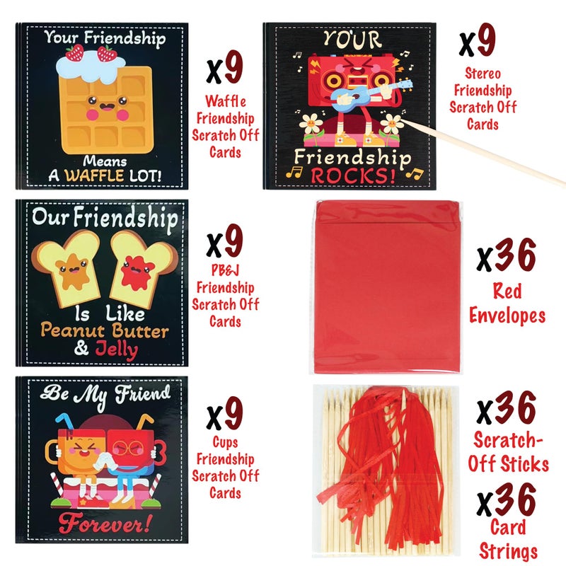BASHOUT Valentines Scratch Off Cards | 36 Cards, 4 Designs Valentines Set | 5â€ x 5â€ Pre Designed Friendship Exchange Cards | Classroom Party Valentines Gifts | Envelopes, Strings, Sticks Included - Image 4