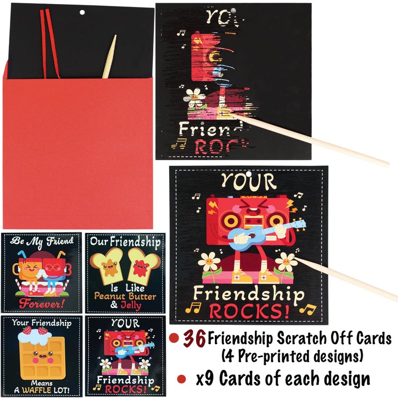 BASHOUT Valentines Scratch Off Cards | 36 Cards, 4 Designs Valentines Set | 5â€ x 5â€ Pre Designed Friendship Exchange Cards | Classroom Party Valentines Gifts | Envelopes, Strings, Sticks Included - Image 2