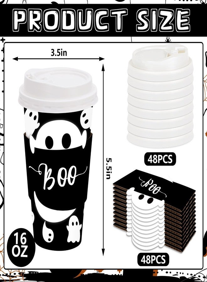 JarThenaAMCS 48 Set Halloween Disposable Coffee Cups with Lids and Sleeves 16oz Black Spooky Ghost Paper Drinking Cups for Halloween Party Supplies - Image 2