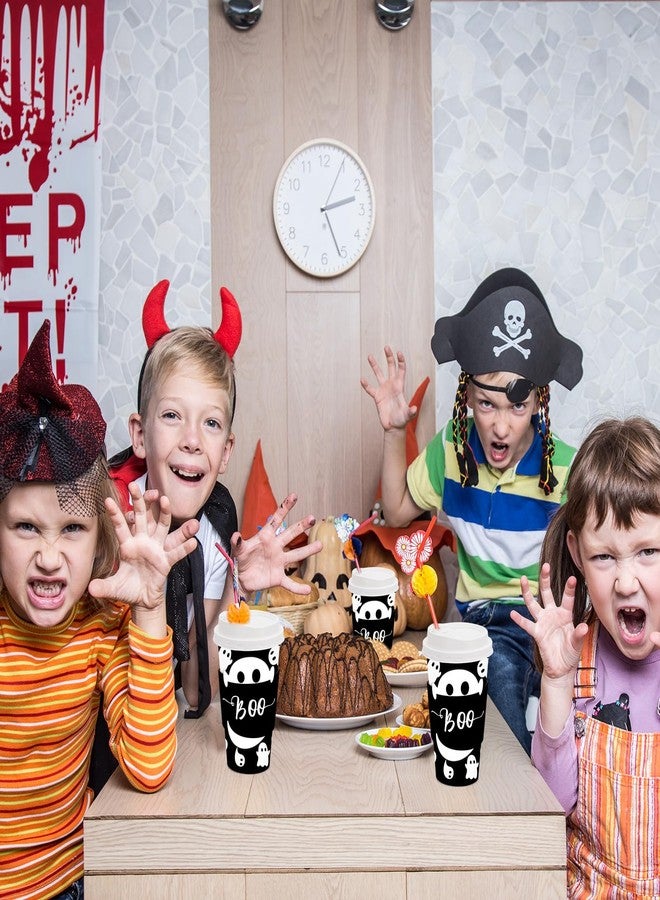 JarThenaAMCS 48 Set Halloween Disposable Coffee Cups with Lids and Sleeves 16oz Black Spooky Ghost Paper Drinking Cups for Halloween Party Supplies - Image 4
